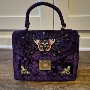 Aldo Deep Purple Velvet Whimsigoth Satchel with Insect Embroidery NWT